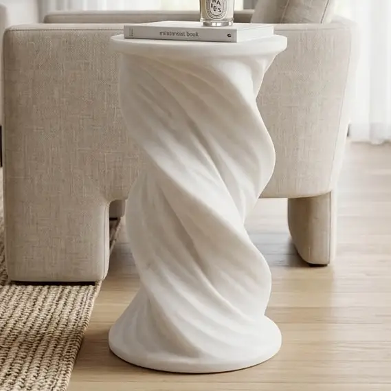 Ivory spiral pedestal side table with a twisted sculptural base