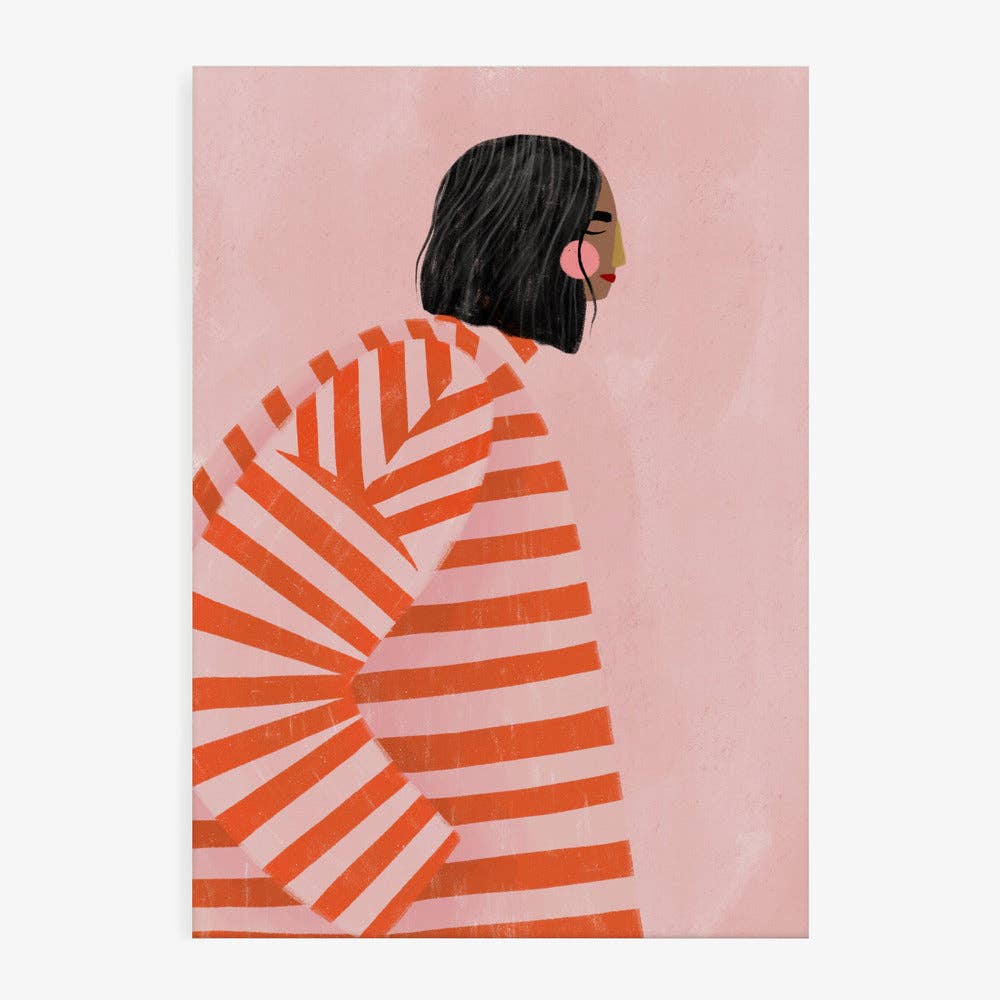 Art print of a woman in an orange striped coat, part of the six-piece gallery collection