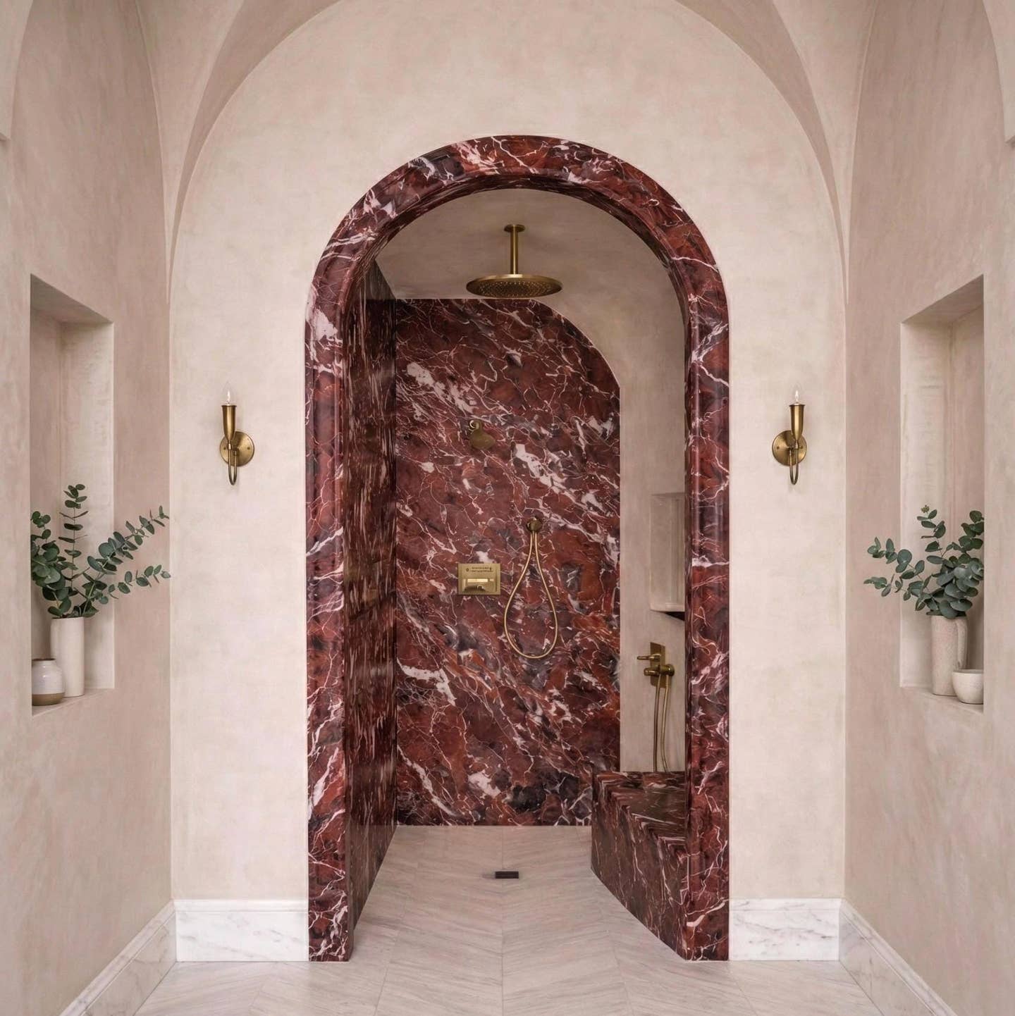 Rosso Levanto red marble arched door surround with a true-radius arch