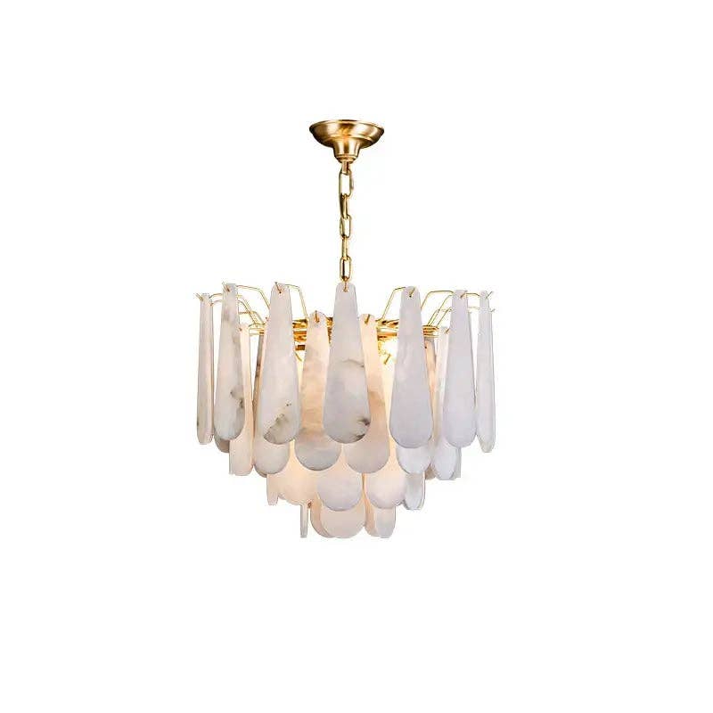 Original supplier photograph of the tiered chandelier with pale hanging elements and gold-toned hardware; sold here in the black-hardware option
