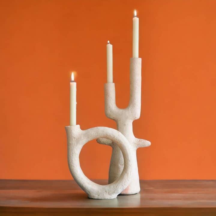 Tamegroute sculptural glazed candlestick duo on a neutral background
