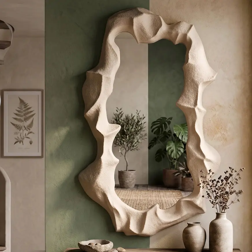 S-10 sculptural organic plaster mirror on a plain background