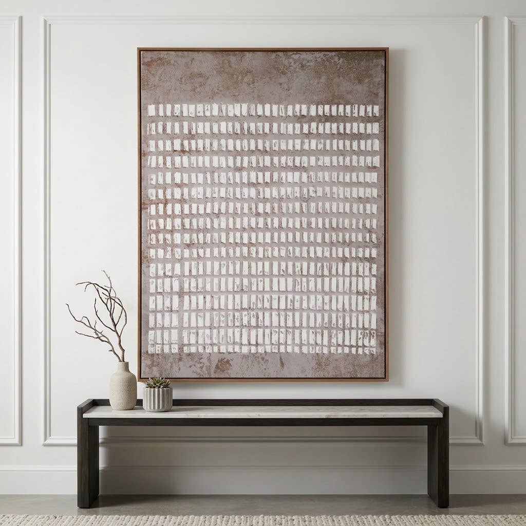 Original Textured Grid Artwork with repeated short ivory marks on a taupe field, framed above a console in the supplier photograph