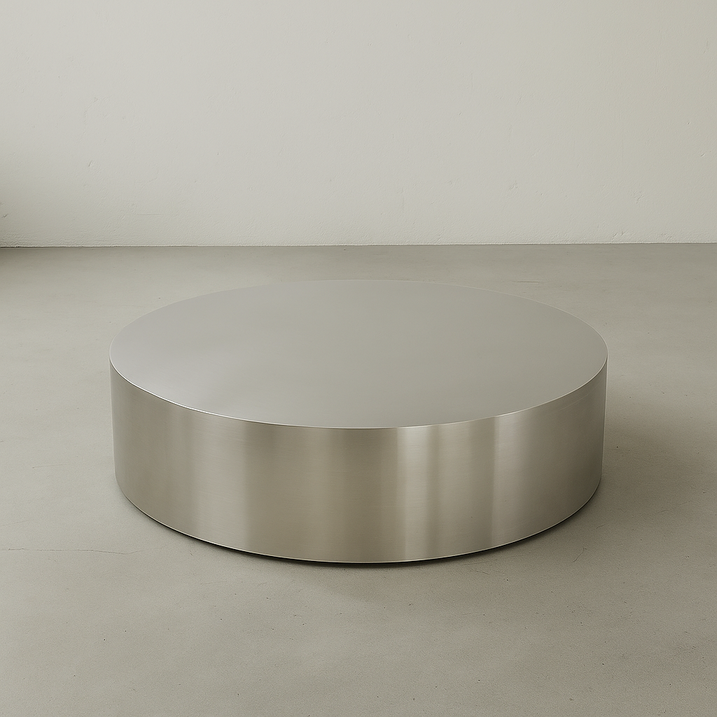 Original round silver stainless-steel coffee table with a low circular cylindrical profile