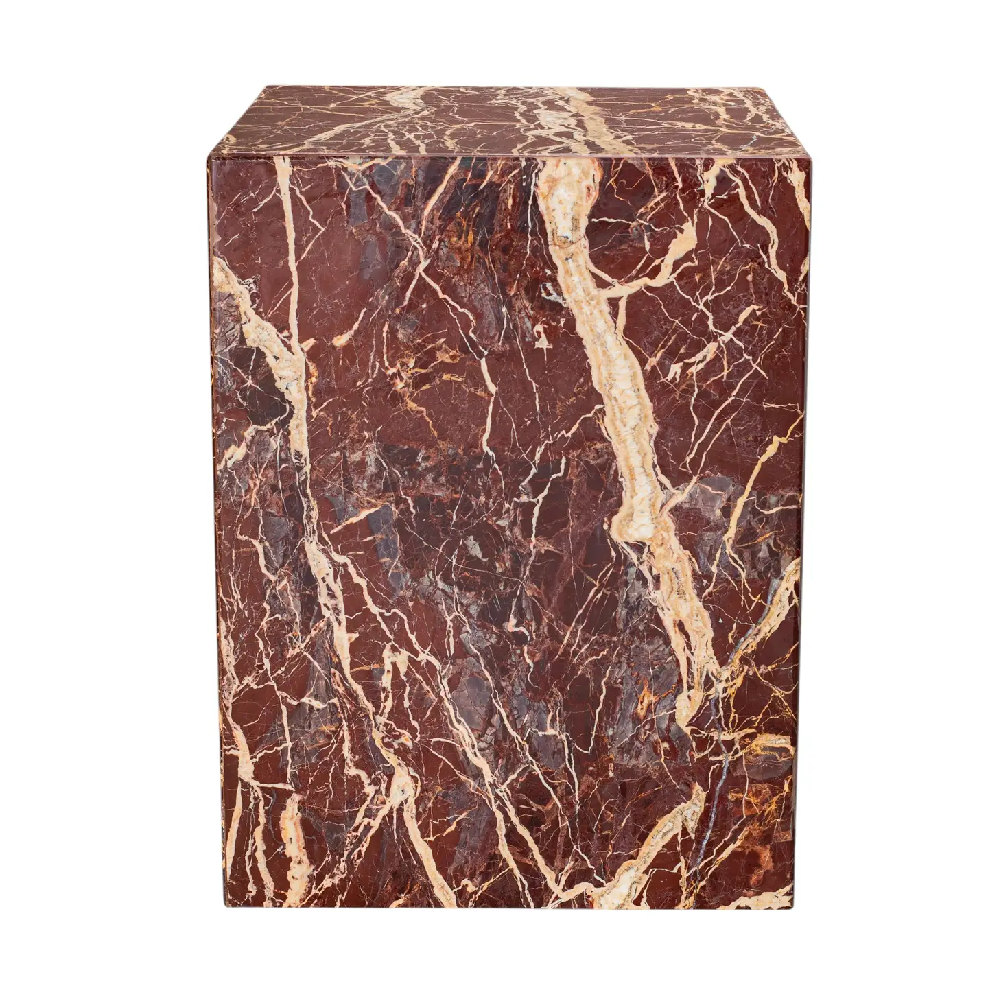 Square burgundy marble block side table with cream veining on a white background