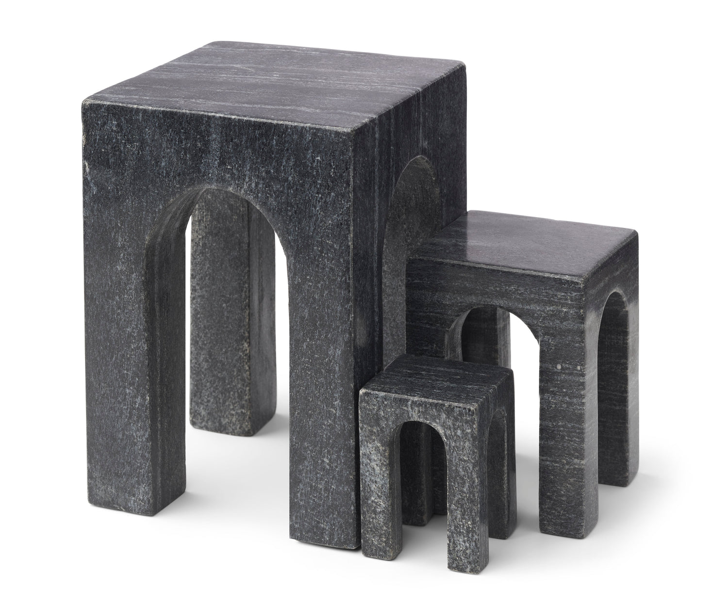 Three Arkis black marble sculptures of different heights with arched openings, shown on a neutral background