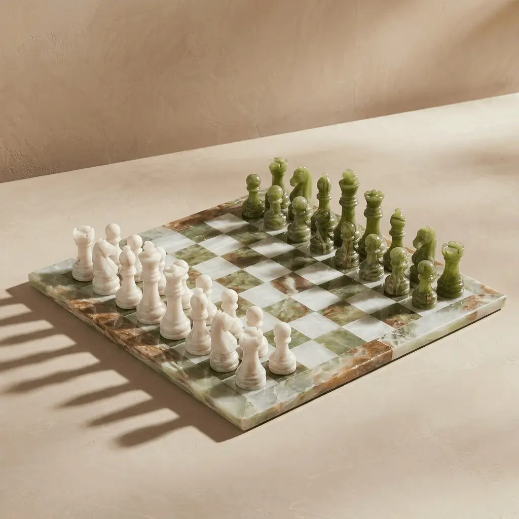 Green onyx and white marble chess set arranged on a checkered stone board