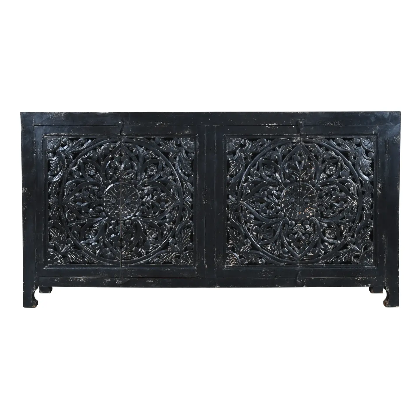 Black hand-carved wood sideboard with two ornate medallion door panels on a white background