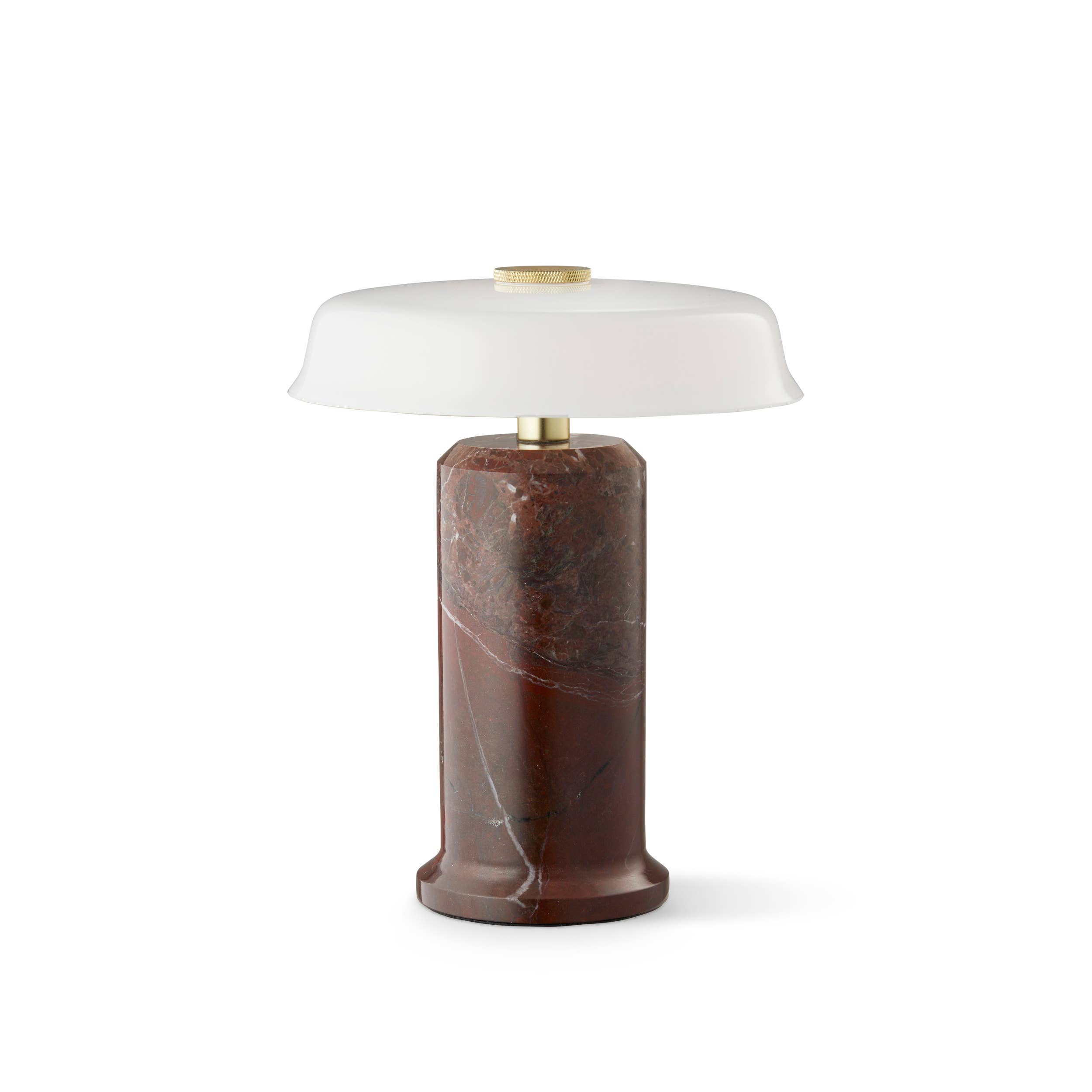 Trip 2 Table Lamp with a burgundy marble cylindrical base and broad opal shade