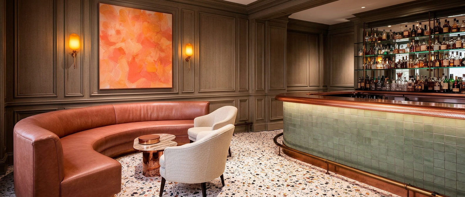 Boutique cocktail lounge with warm wood paneling, camel leather banquette and cream upholstered chairs