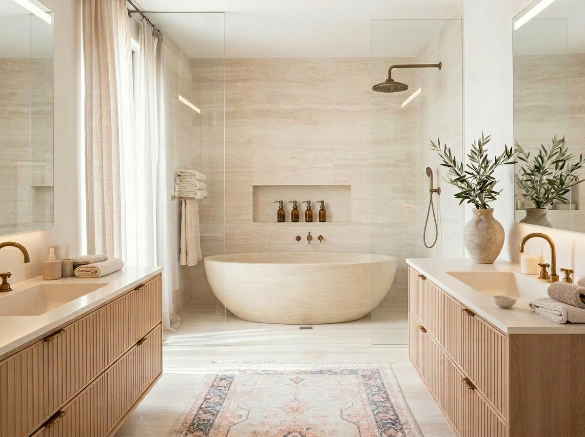 Functional master bathroom with double walnut vanity, glass shower and freestanding tub