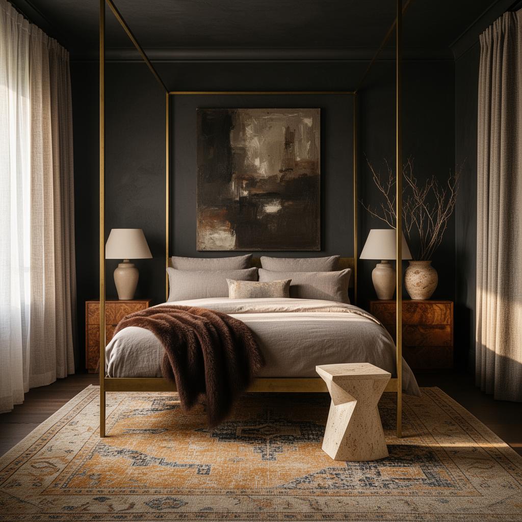 Moody primary bedroom with brass canopy bed, charcoal walls and layered Moroccan rug