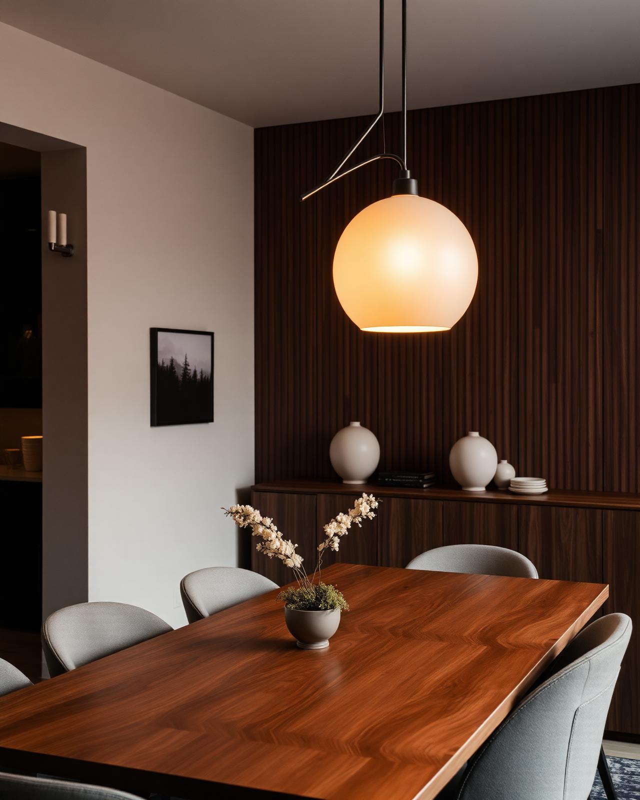 Walnut dining room with sculptural pendant