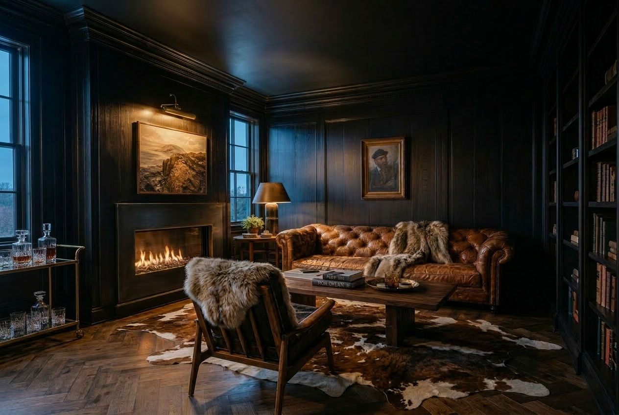 Black-paneled lounge with tufted cognac Chesterfield, fur throw, walnut coffee table, cowhide rug and modern fireplace