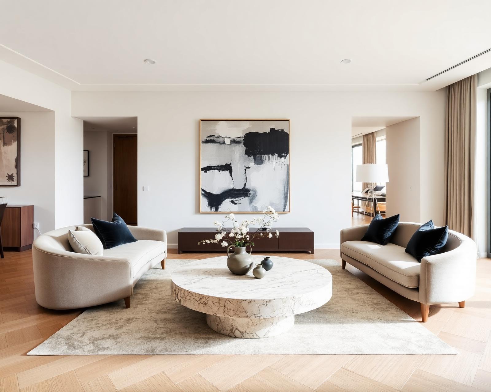 Living room with curved bouclé sofa and travertine table