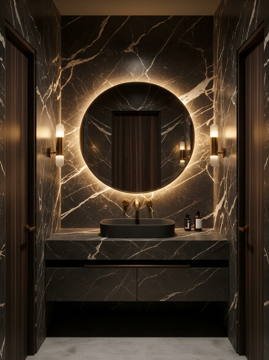Dark powder room with marble and brass