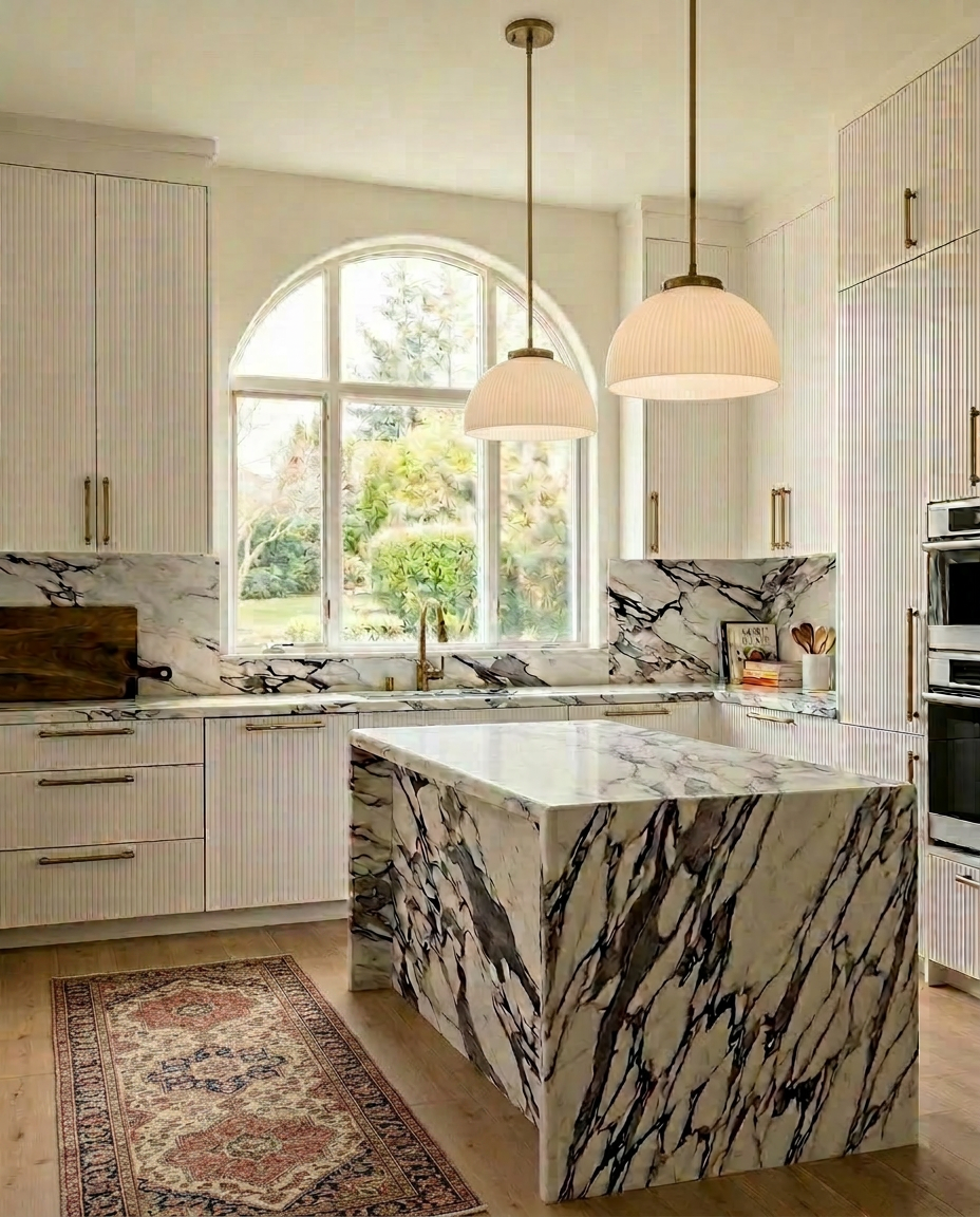 Modern kitchen remodel with fluted oak and marble